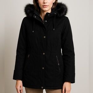 Nuage Fox Fur Soft Suede Thick Comfy Winter Snow Zip Up Long Jacket Coat Black